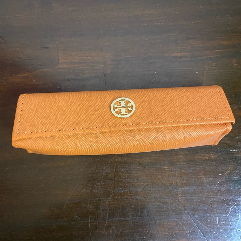 Tory Burch small orange eye glasses case holder Gold Tory Burch